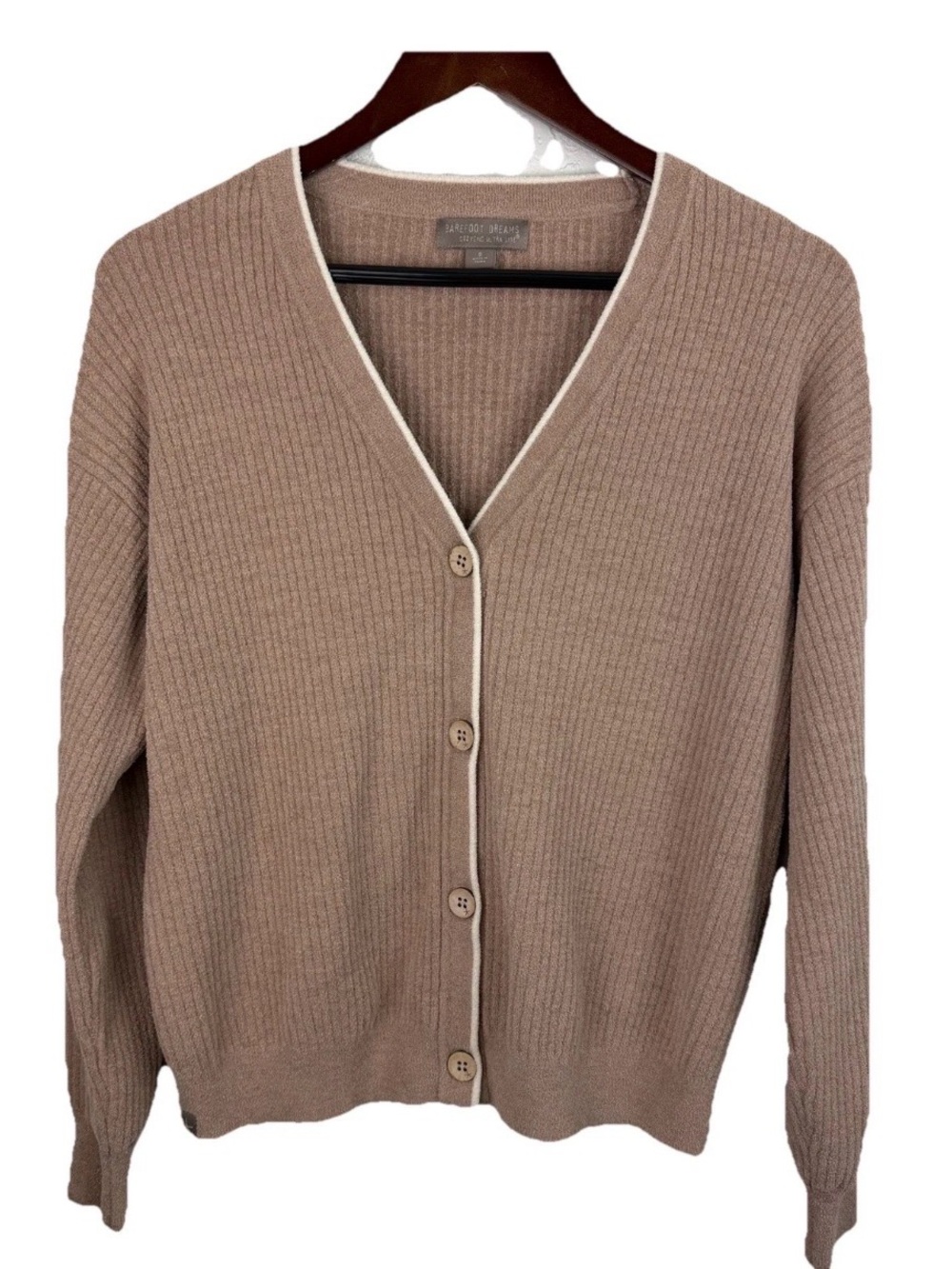 Barefoot Dreams | Beige Cream Button V Neck Contrast Cardigan Sweater